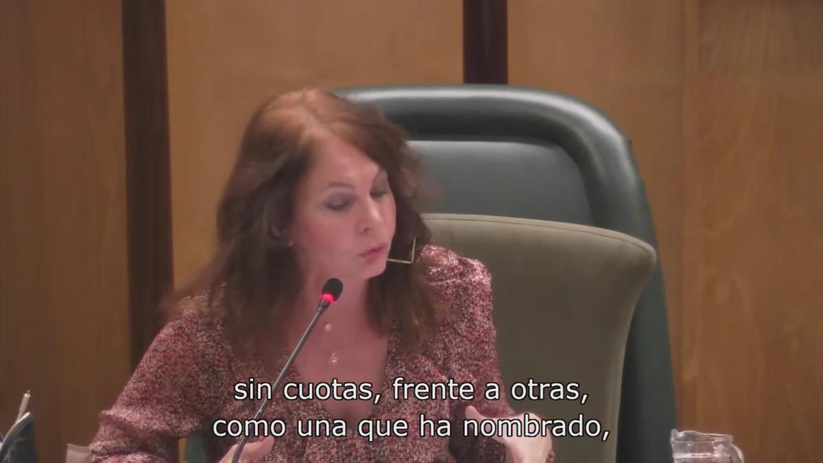 Carmen Herrarte junto al micrófono en el pleno del Ayuntamiento de Zaragoza