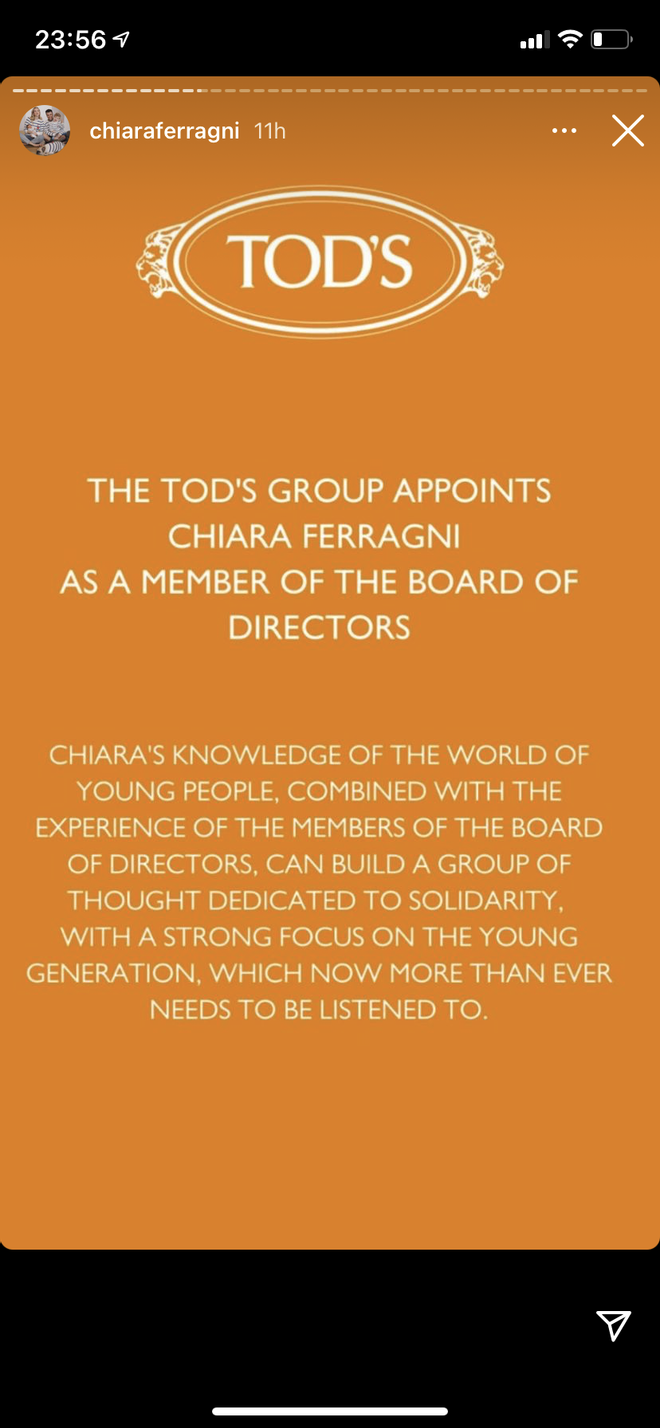 Anuncio de Tod's sobre la incorporación de Chiara Ferragni a su consejo de administración