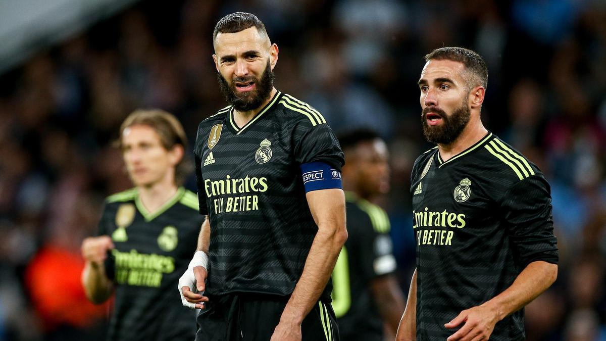 Benzema, Carvajal y Modric, durante el Manchester City - Real Madrid