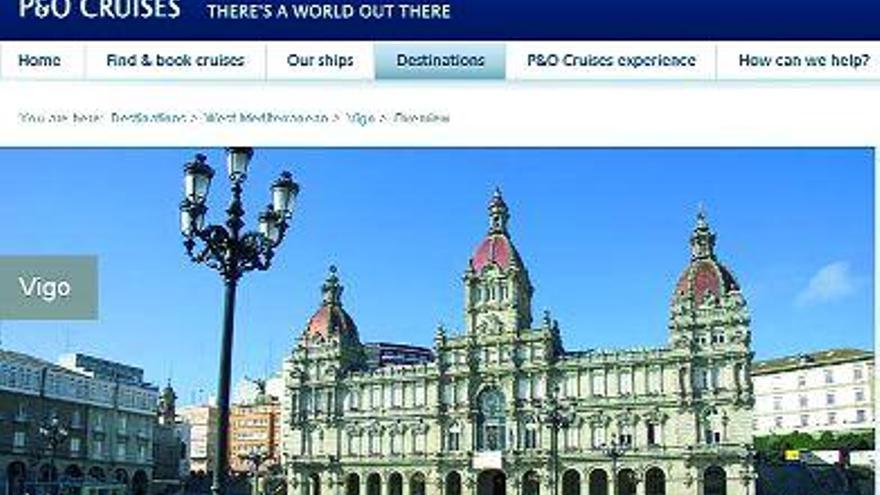 Captura de pantalla de la página web de &quot;P&amp;O&quot; donde se identifica Vigo con la plaza de María Pita.