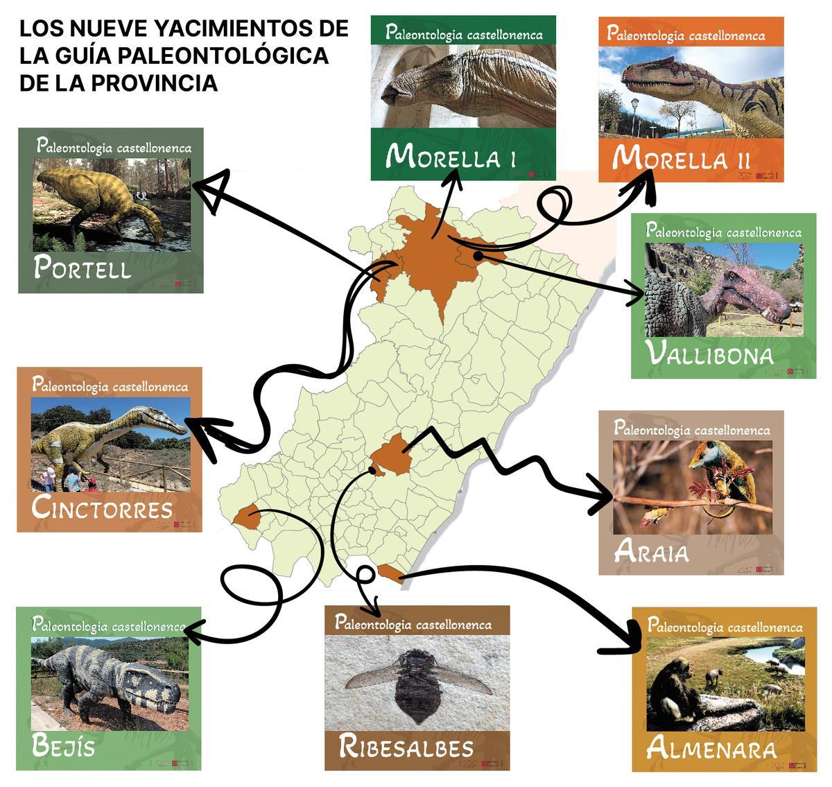 Mapa de Castellón con los nueve yacimientos.