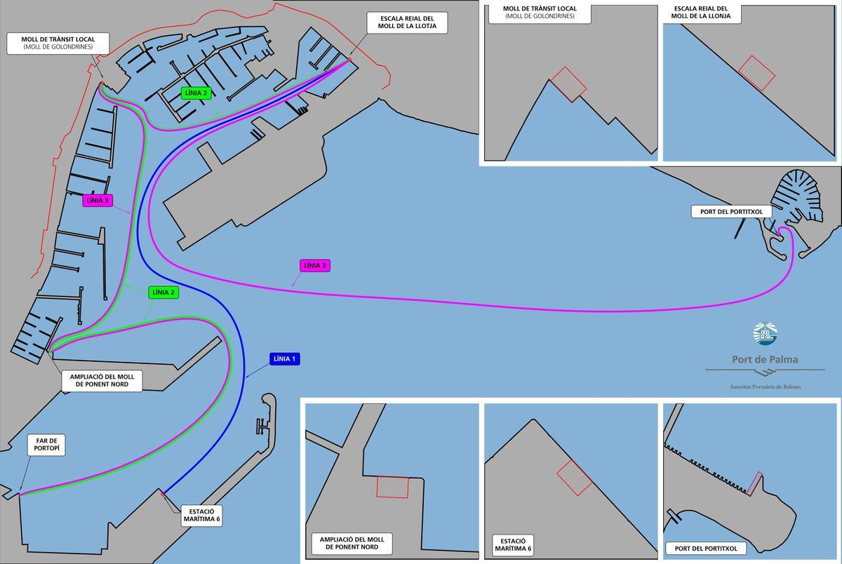 Recorrido de las tres líneas del Bus Nàutic en el puerto de Palma.