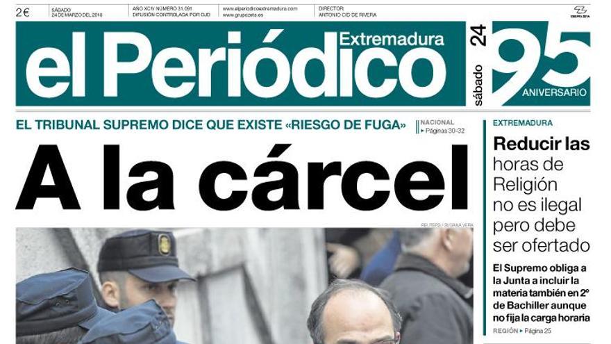 Esta es la portada de EL PERIÓDICO EXTREMADURA correspondiente al día 24 de marzo del 2018