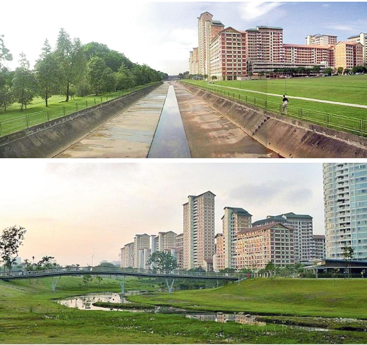 Transformación de un canal en río renaturalizado en Singapur.