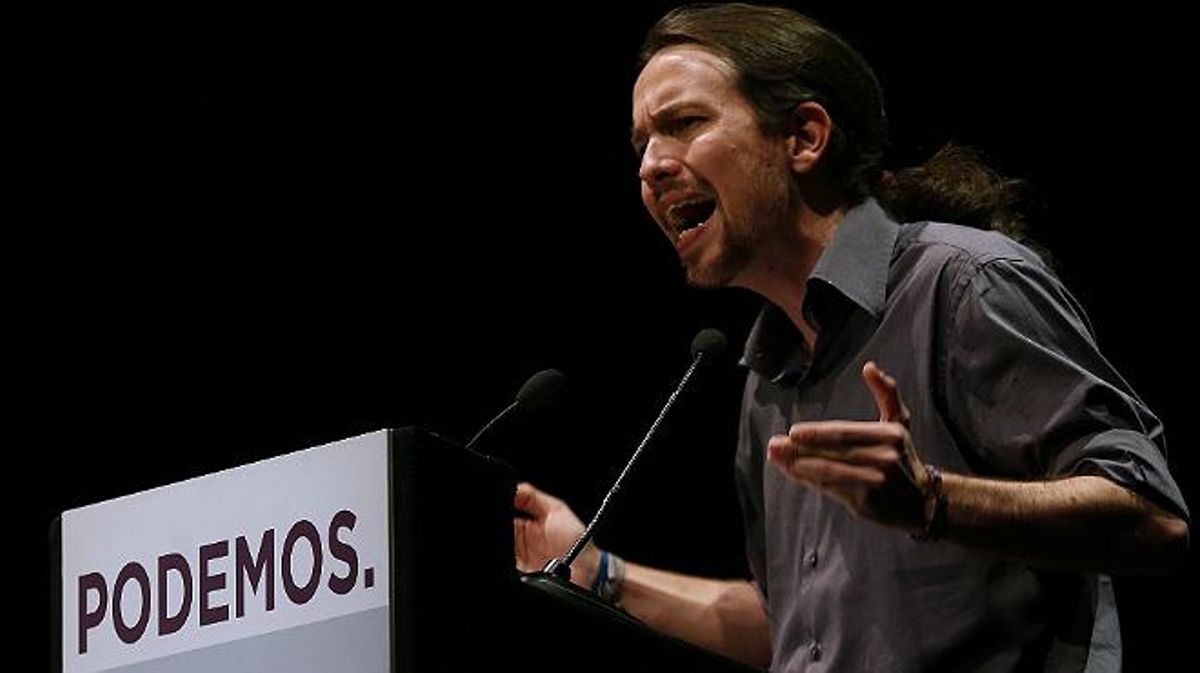 Iglesias repta Rajoy a un cara a cara quan i on vulgui, durant el míting d’aquest dimecres a Madrid.