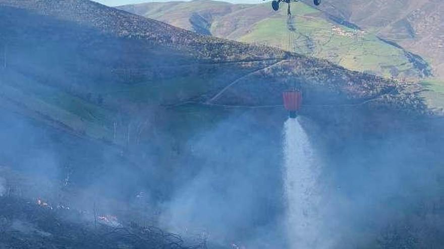 Incendio en un monte bajo cercano a Villarmental, en Cangas del Narcea