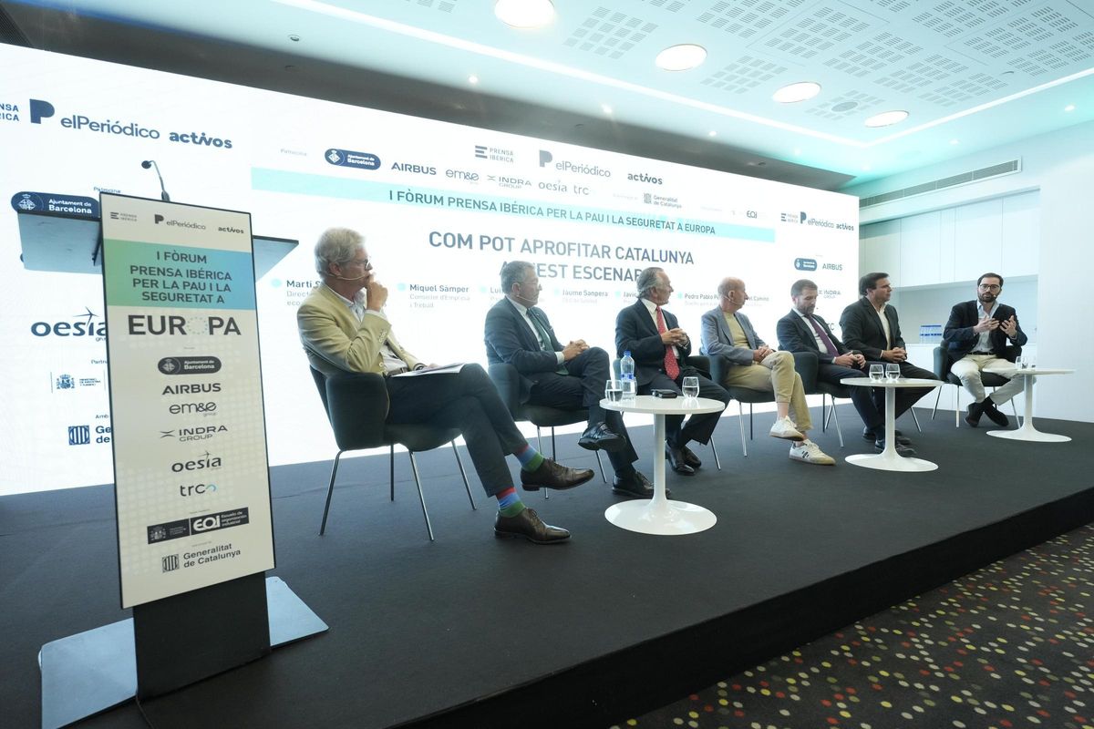 Martí Saballs, director de contenidos económicos de Prensa Ibérica; Miquel Sàmper, Conseller dEmpresa i Treball; Luis Furnells, presidente ejecutivo de Grupo OESÍA; Jaume Sanpera, CEO de Sateliot; Javier Escribano, presidente de EM&E Group; Pedro Pablo Pérez, director general de TRC, y Miquel Camino, CEO de Gutmar. Martí Saballs, director de contenidos económicos de Prensa Ibérica; Miquel Sàmper, Conseller dEmpresa i Treball; Luis Furnells, presidente ejecutivo de Grupo OESÍA; Jaume Sanpera, CEO de Sateliot; Javier Escribano, presidente de EM&E Group; Pedro Pablo Pérez, director general de TRC, y Miquel Camino, CEO de Gutmar.