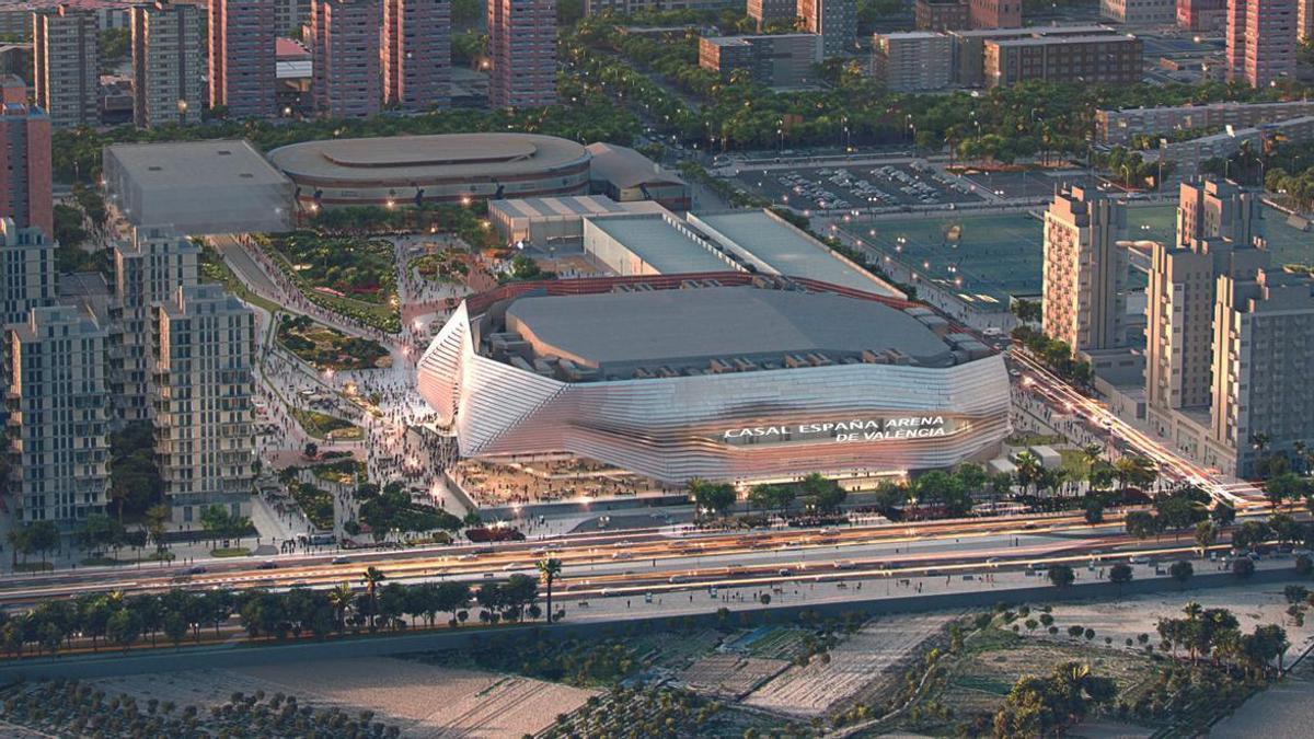 Simulación del proyecto Casal España Arena de València, con el parking al fondo a la izquierda, junto a La Fonteta