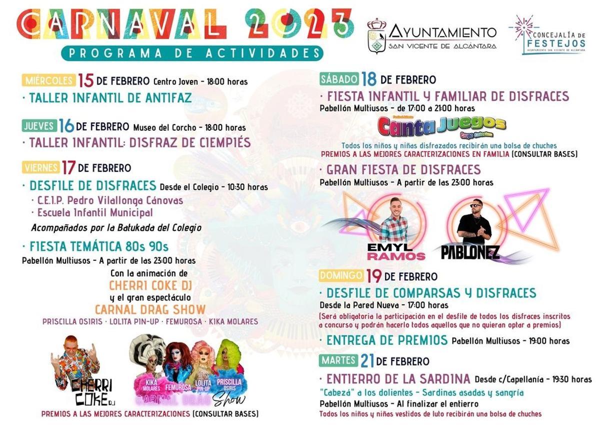 Resumen del programa de actividades del Carnaval de San Vicente de Alcántara.