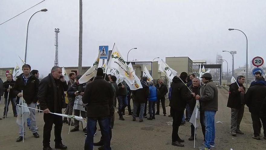 Cultivadores y representantes de las organizaciones agrarias protestan ante la Azucarera de Toro.