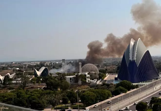 Un aparatoso incendio junto al Oceanogràfic y la autovía del Saler obliga a cortar el tráfico de entrada y salida a la ciudad