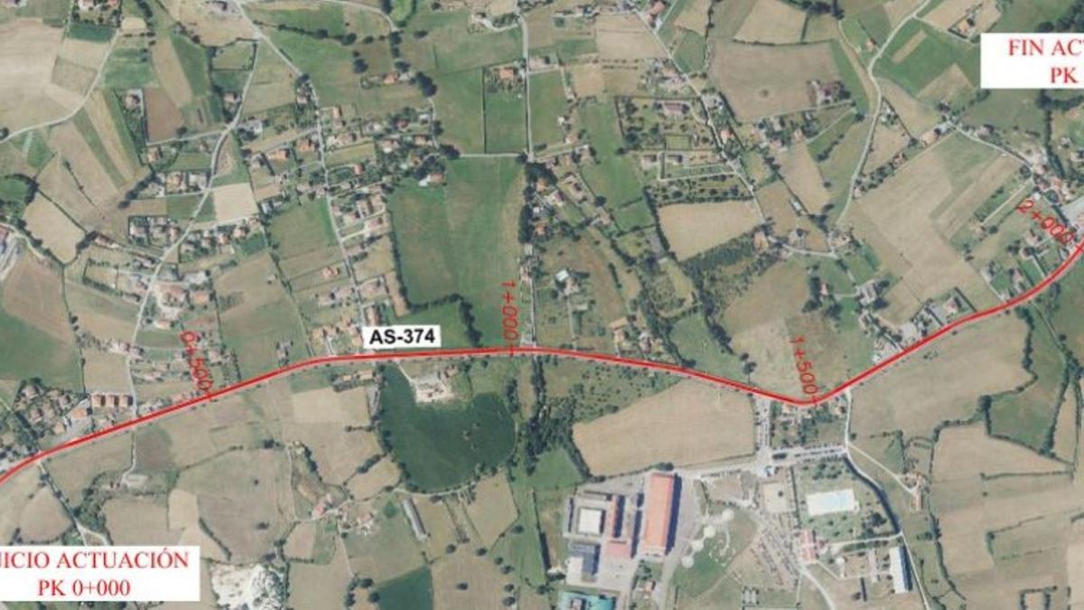 Trazado del tramo de vía de la AS-374 en el que se van a desarrollar las actuaciones.
