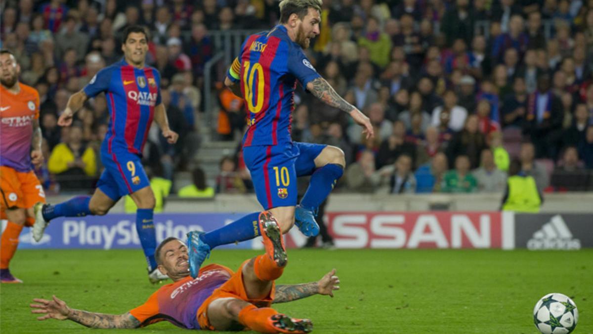 Leo Messi en acción en el partido entre el Barça y el Manchester City en el Camp Nou