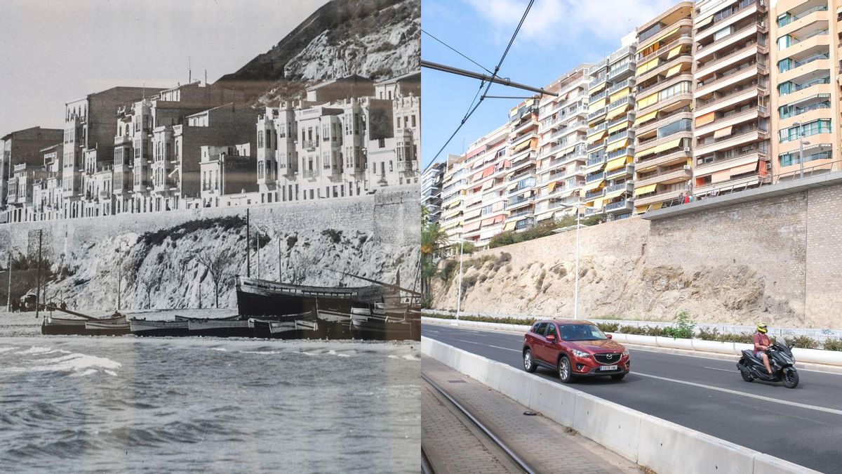 Las barcas de los pescadores del Raval Roig, en los años 30. A la derecha, los edificios actuales de la calle Virgen del Socorro, tras el muro.