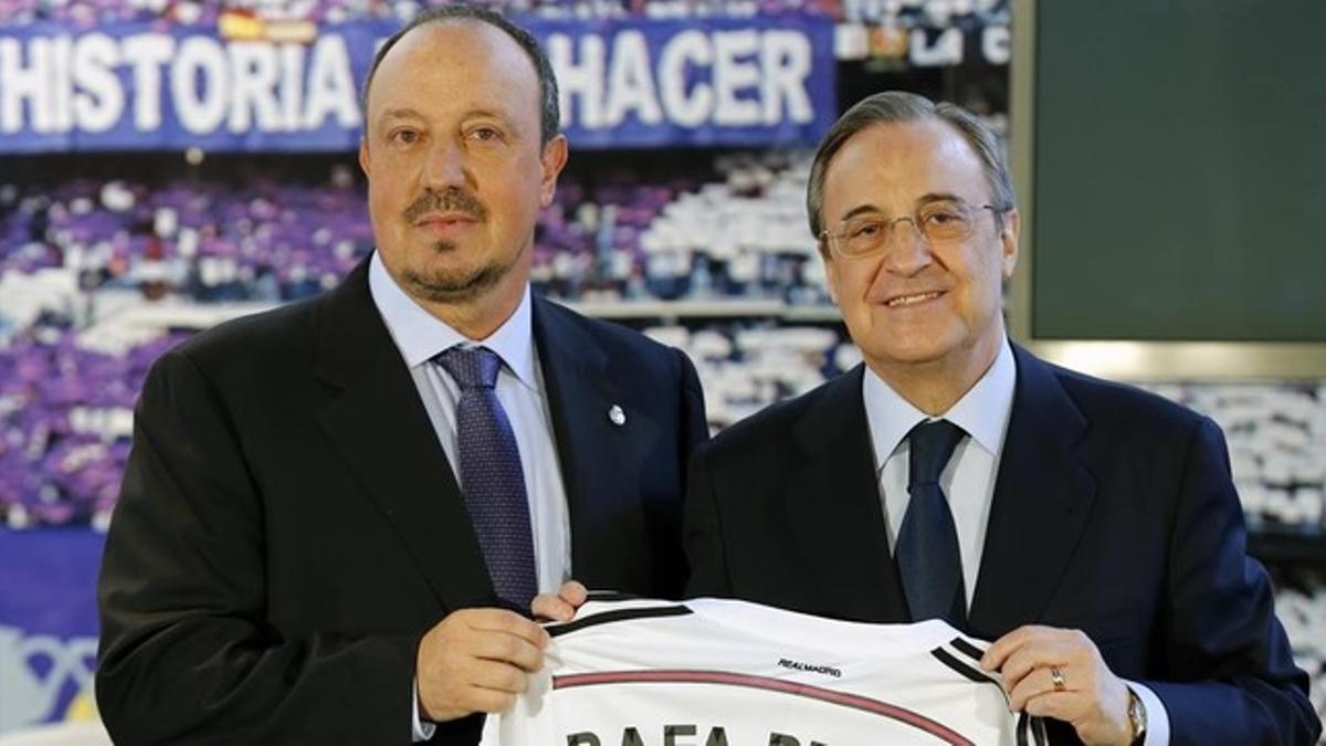 Benítez y Florentino en la presentación del técnico madrileño en el Bernabéu.