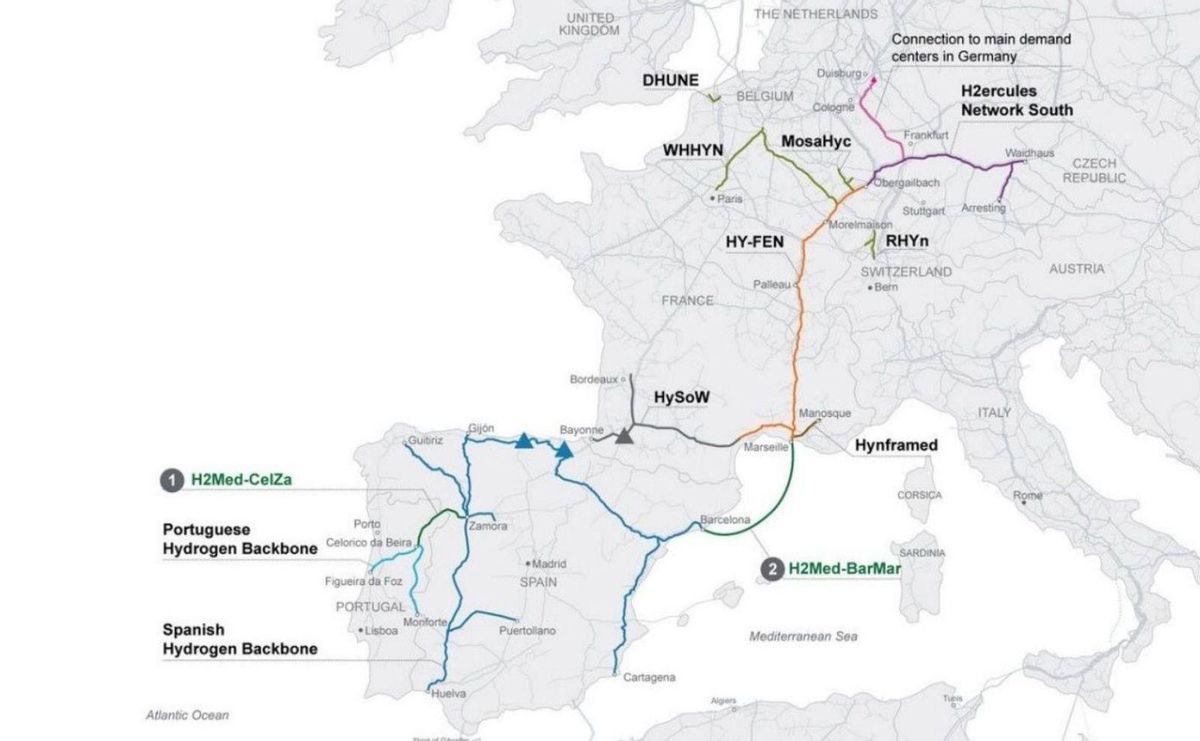 Mapa europeo de infraestructuras de transporte de hidrógeno renovable.. | Cedida
