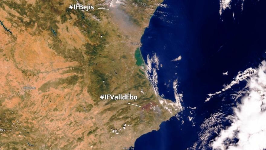 El fum dels incendis de Bejís i la Vall d’Ebo s’aprecia des de l’espai