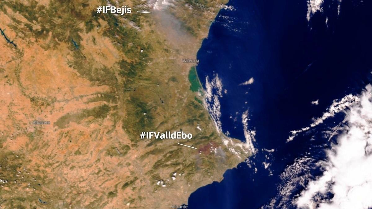 El humo de los incendios de Bejís y Vall d&#039;Ebo se aprecia desde el espacio.