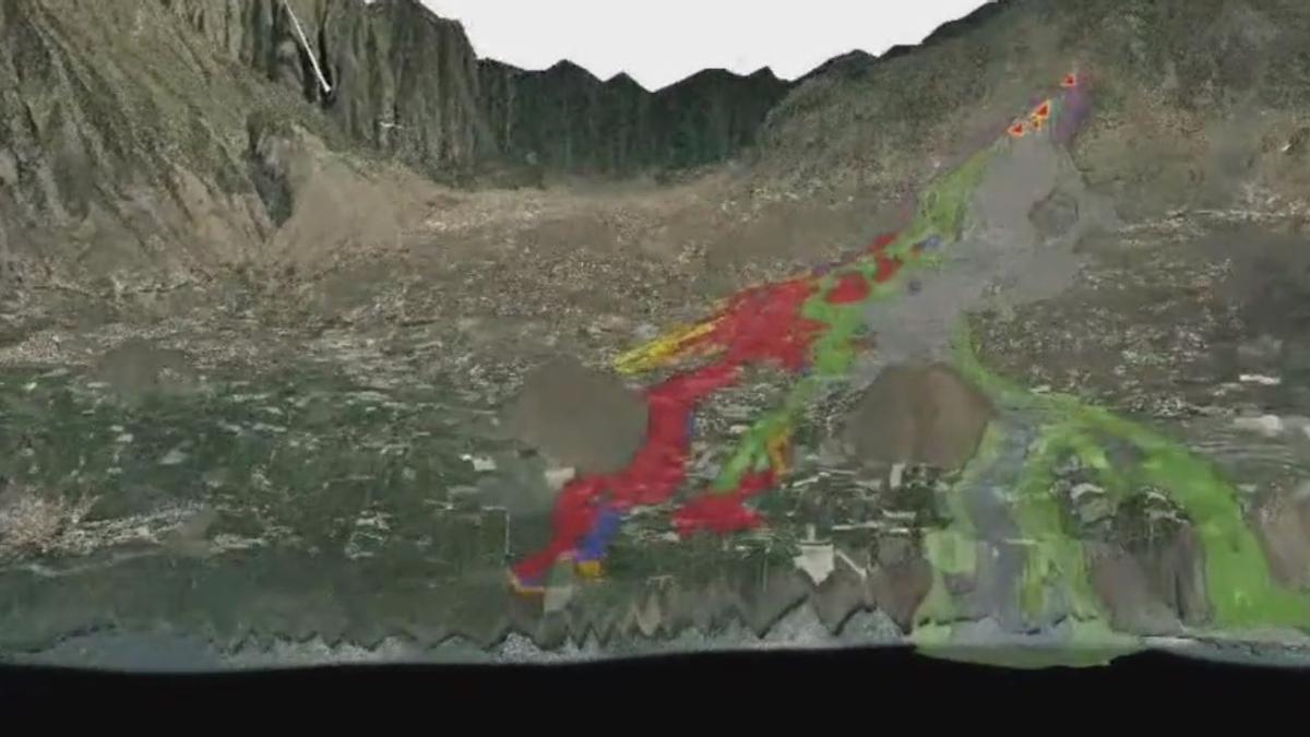 Vuelo 3D sobre la evolución de las coladas de lava al norte del volcán de La Palma a 20/10/2021