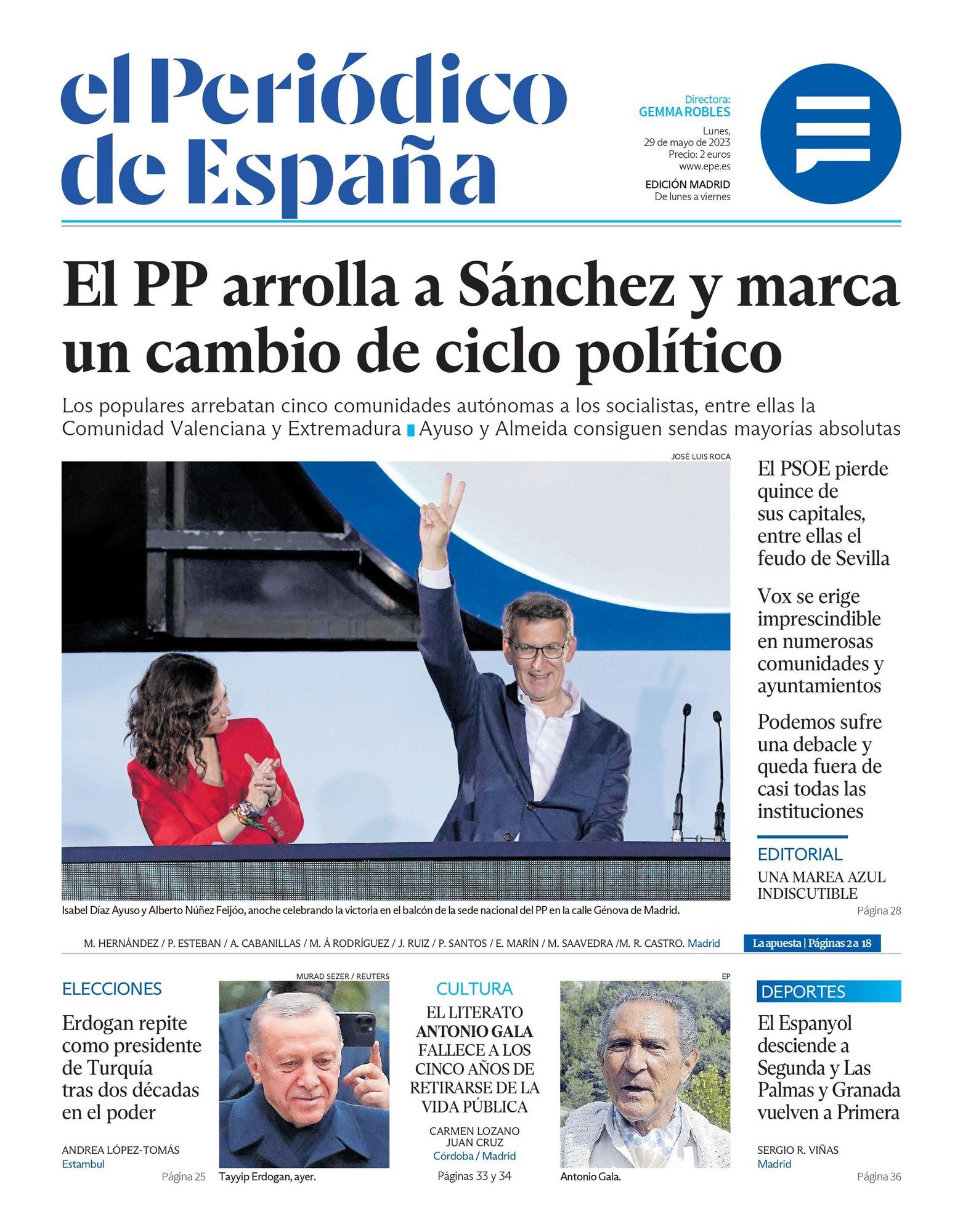 Portada de EL PERIÓDICO DE ESPAÑA del lunes 29 de mayo del 2023.