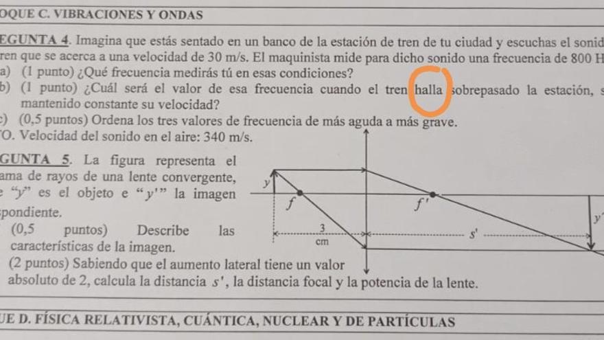La errata viral del examen de Física de la PAU en Extremadura: &quot;cuando el tren halla sobrepasado...&quot;