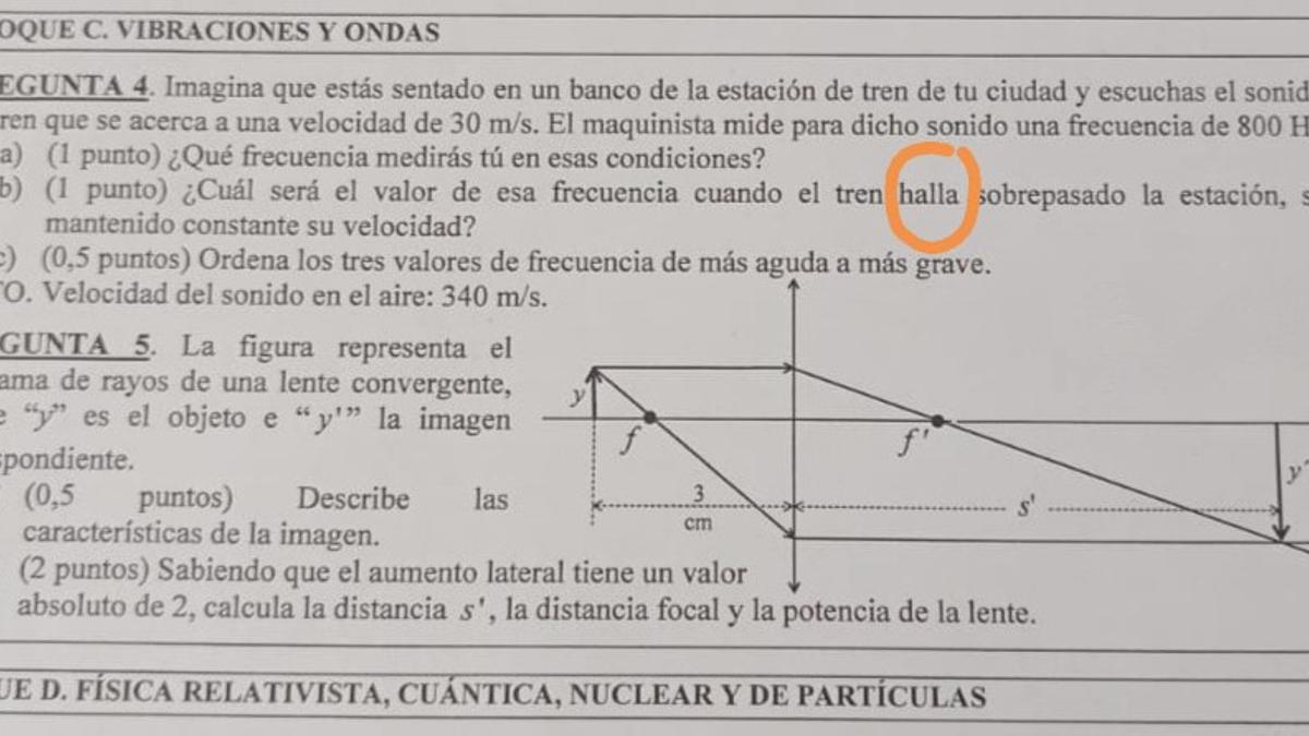 Parte del examen de Física de la PAU, realizado el pasado martes.