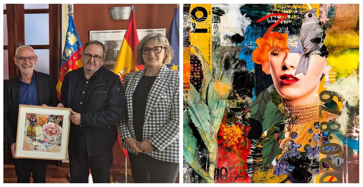 Vicent Vercher, en el centro en la imagen de la izquierda, al entregar una de sus obras al Ayuntamiento de Alboraia.