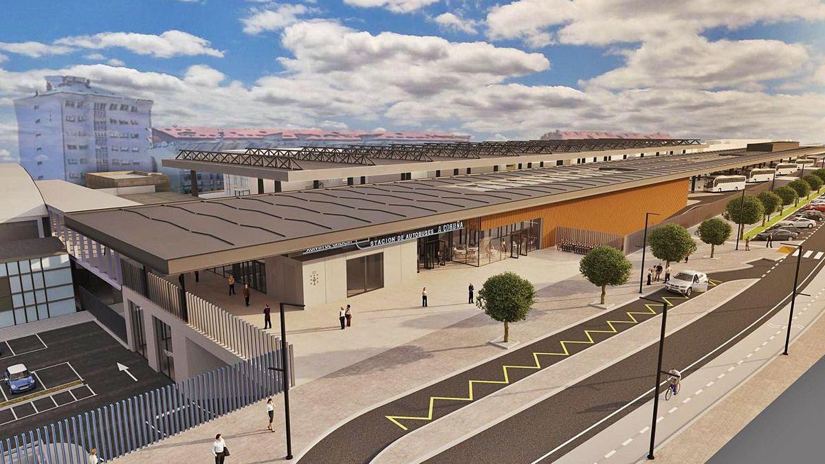 Imagen virtual del exterior de la estación de autobuses de la Xunta en la estación intermodal de San Cristóbal.