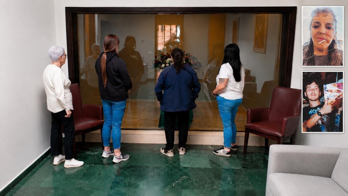 A la izquierda, familiares de "Susi" y María López en el tanatorio. En los recuadros, María López y José  Alberto González en una imagen de hace siete años.