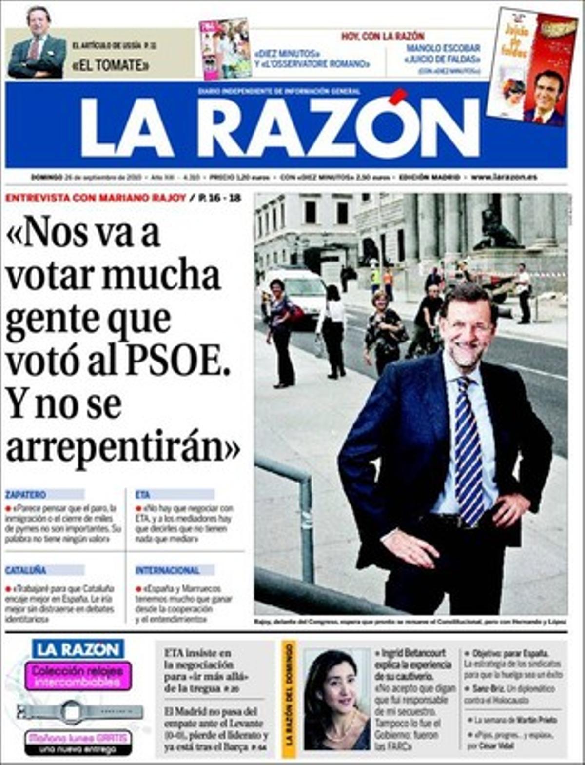 Portada de ’La Razón’ 26/09/2010