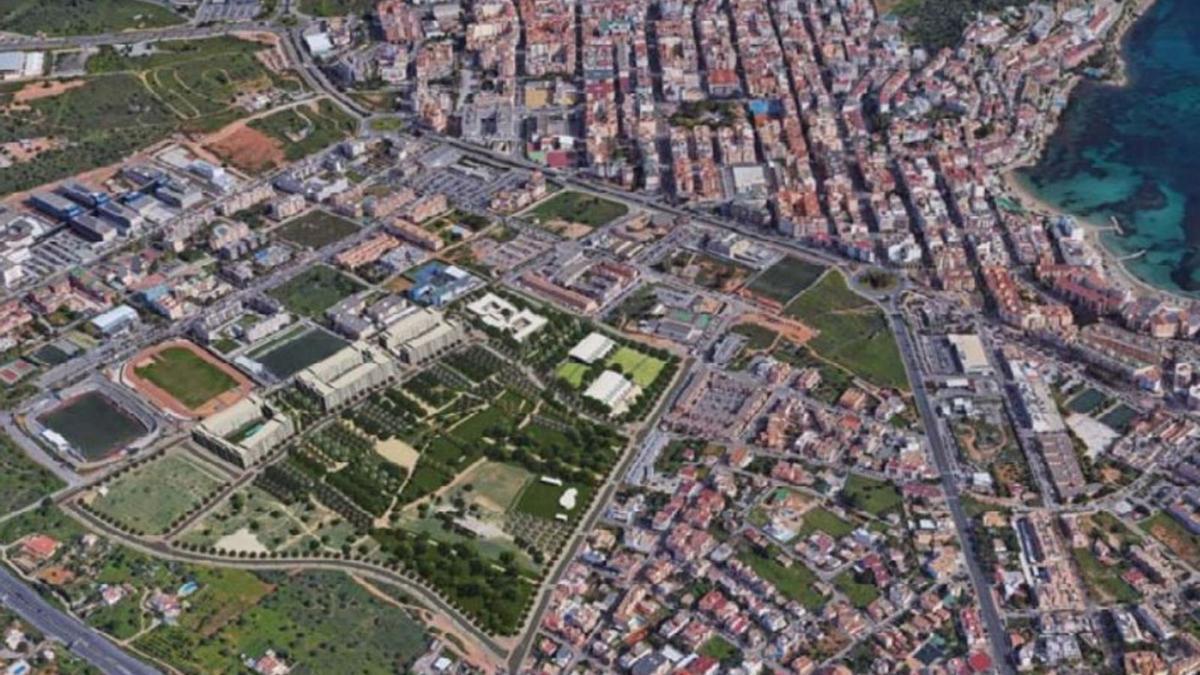 Imagen aérea de los edificios y el parque proyectado en Ca n’Escandell. | D. I.