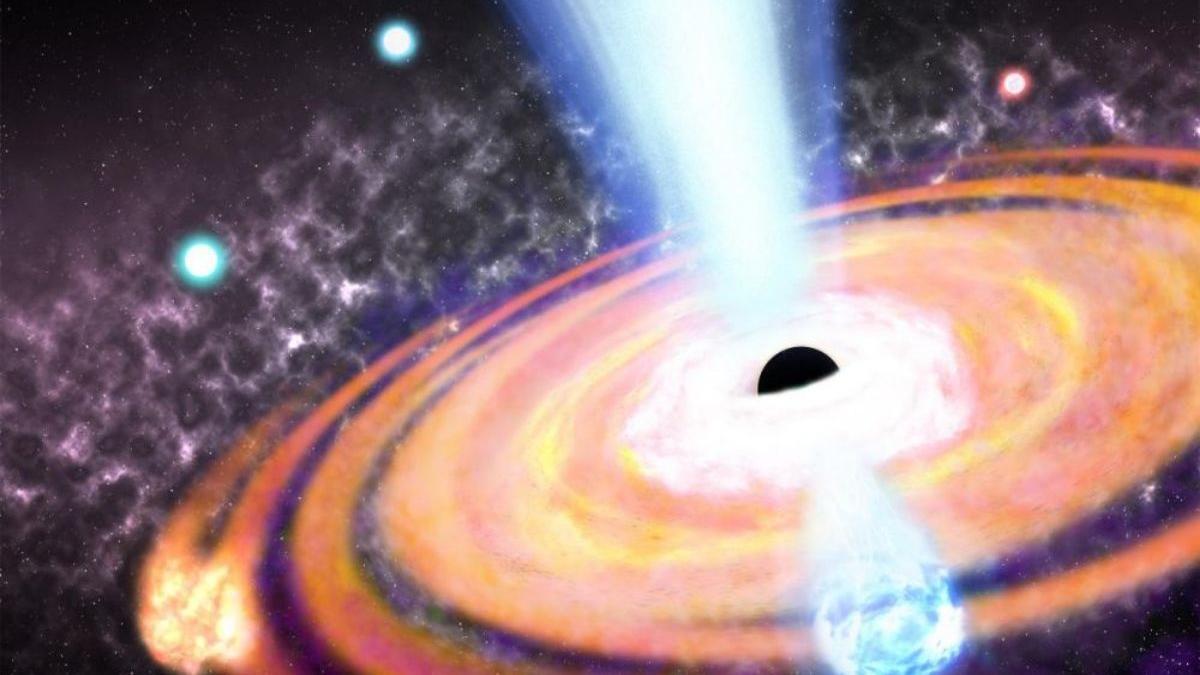Recreación artística del campo magnético generado por un agujero negro supermasivo en el Universo temprano.