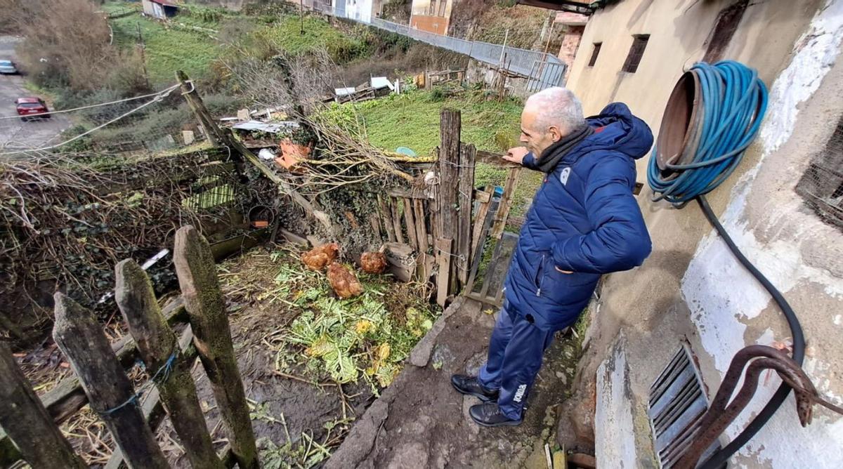 Miguel Díaz, ayer, junto a las tres gallinas que escaparon del robo. | D. M.
