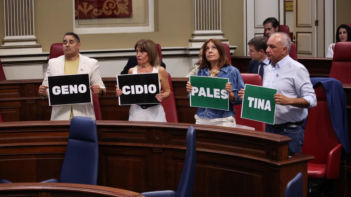 Diputados de NC-bc levantan carteles con las palabras 'Genocidio Palestina'.