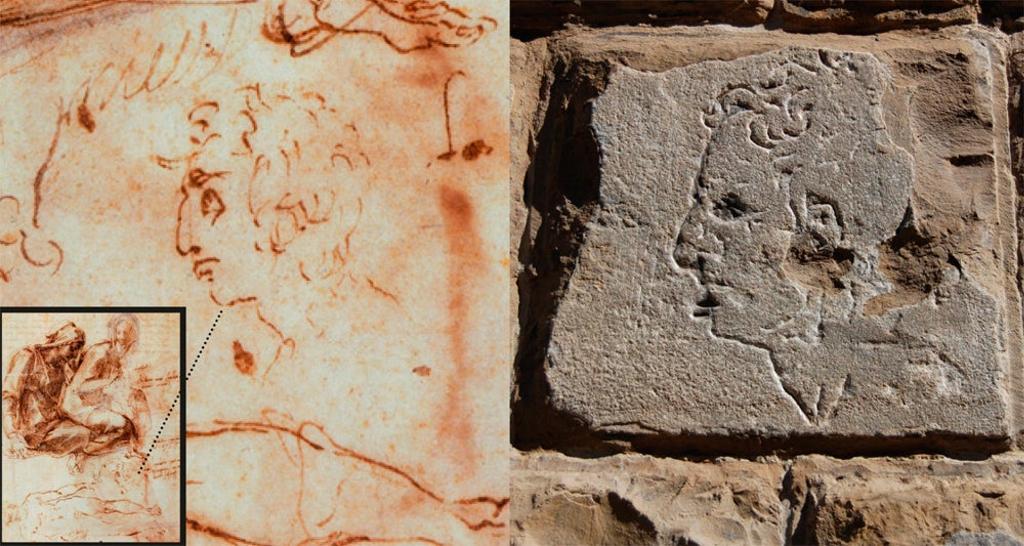 Comparativa del dibujo de Miguel Ángel en el Louvre y del dibujo en piedra del Palazzo Vecchio. 