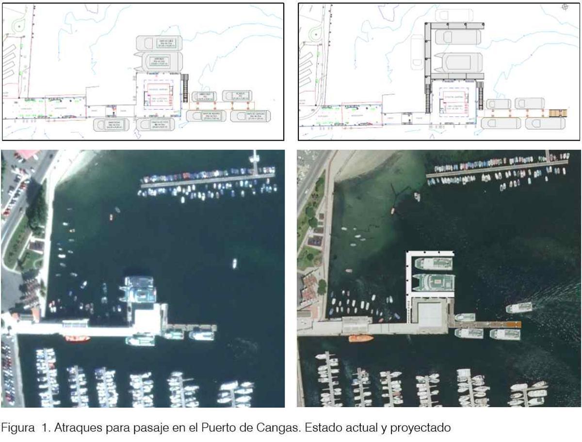 Vista del antes y el después del muelle de Cangas con el nuevo pantalán en la cara norte de la estación marítima.