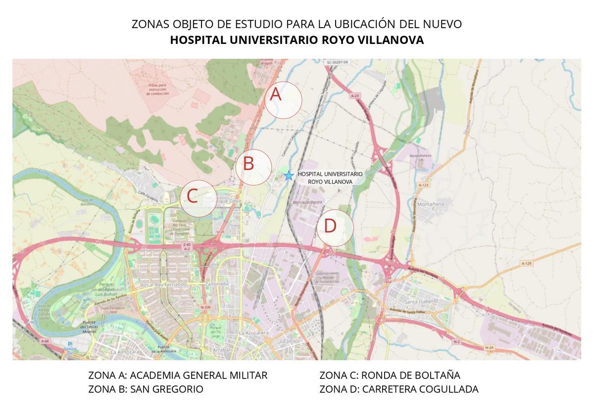Plano de las cuatro ubicaciones posibles para albergar el nuevo hospital Royo Villanova.