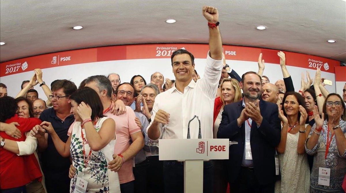 Pedro Sánchez celebra su triunfo en las primarias del PSOE, el pasado 21 de mayo.