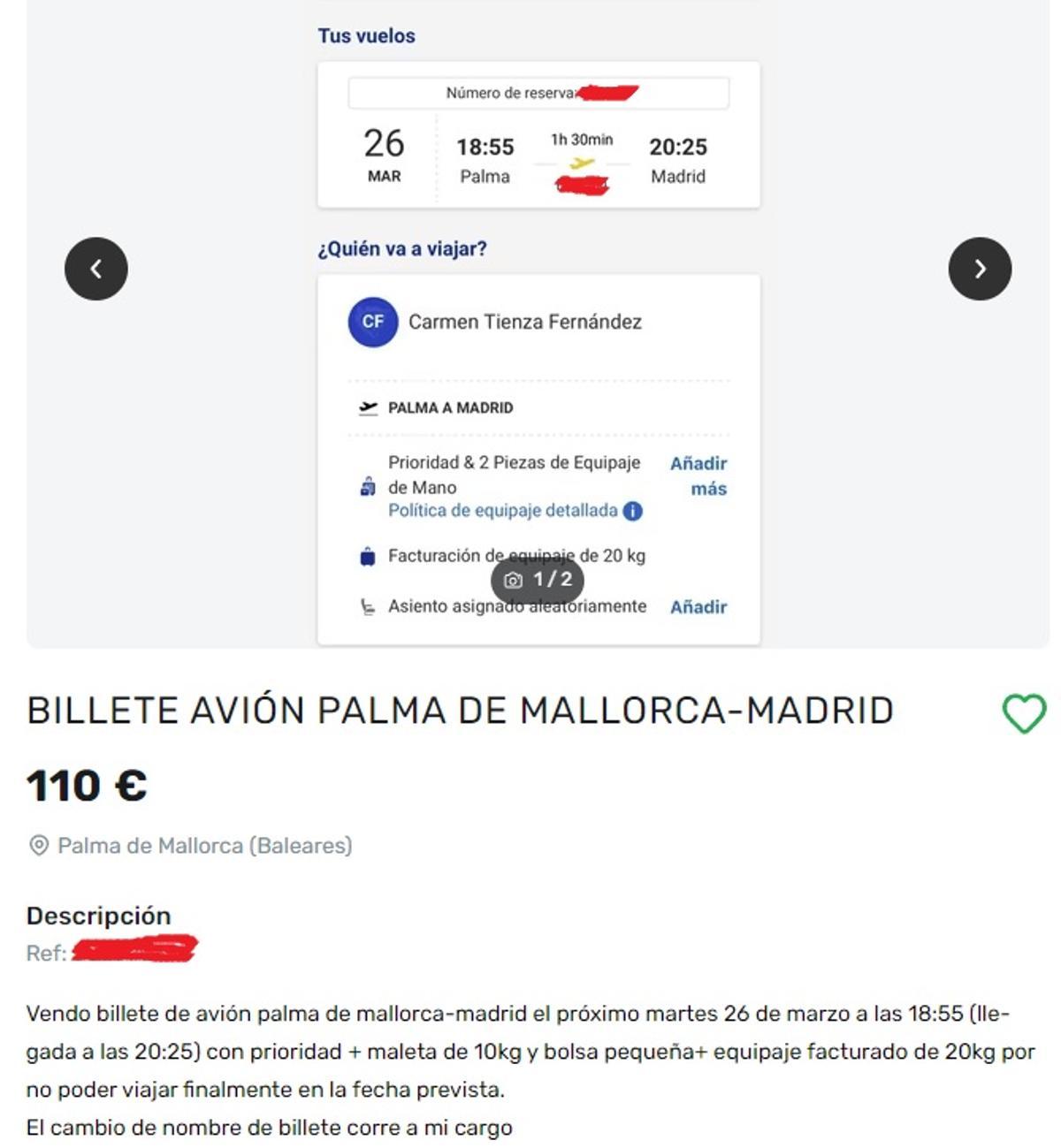 Anuncio para la venta de un pasaje de avión en milanuncios.com