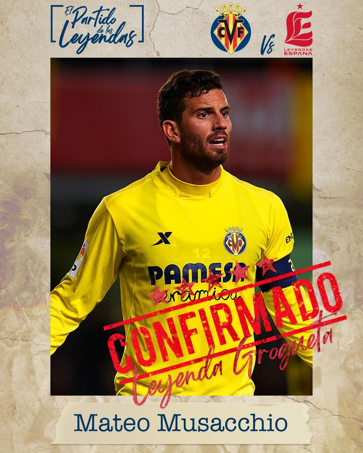 Mateo Musacchio jugará el Partido de las Leyendas con el Villarreal CF.