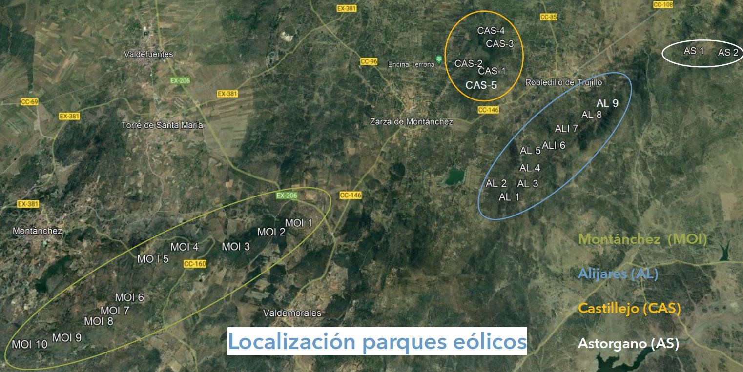 Localización de los parques eólicos del proyecto Hybrex.