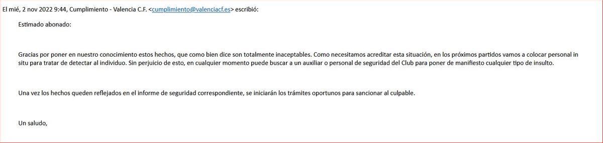 Respuesta del Valencia CF al primer correo, en 2022.