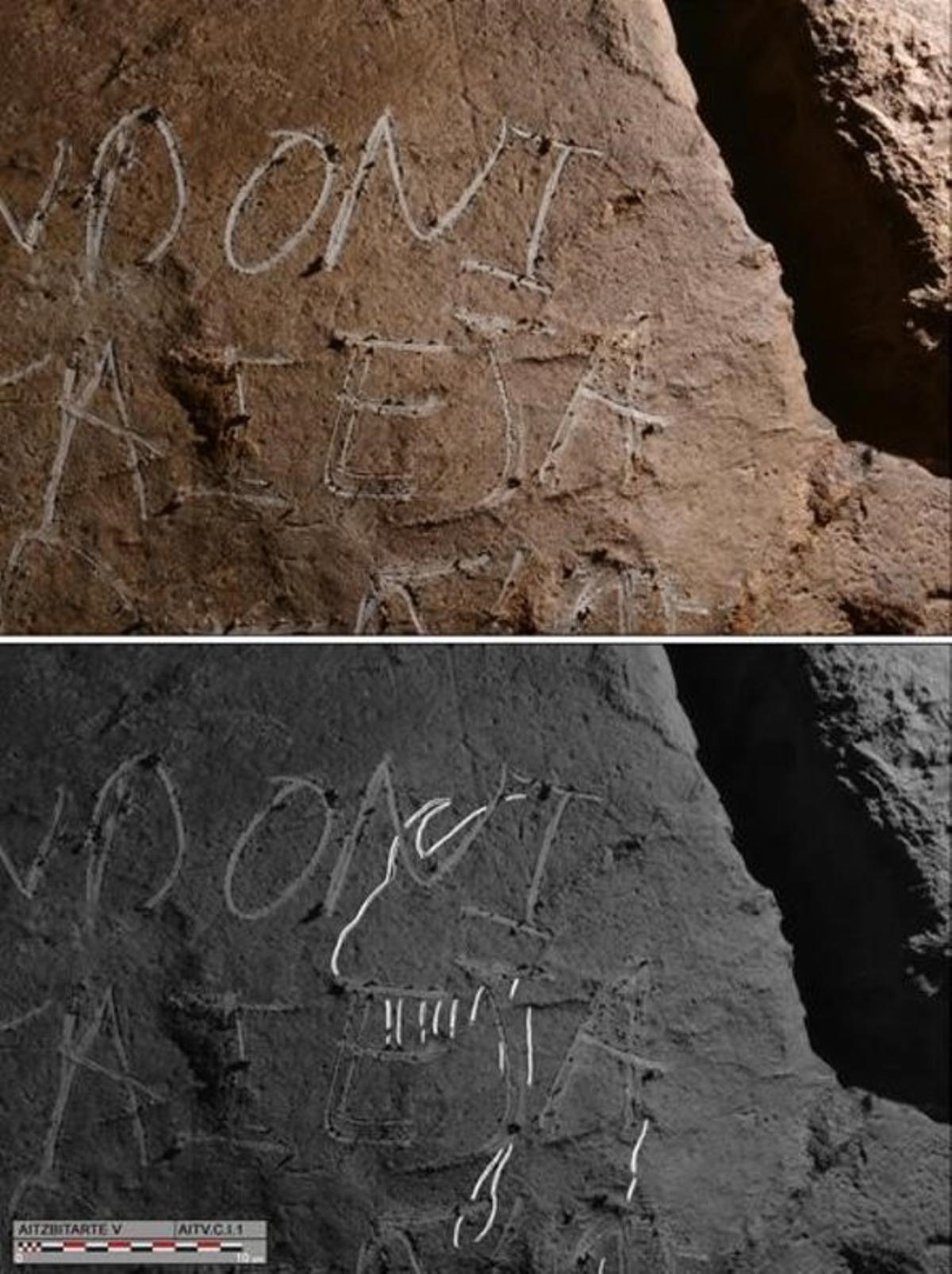 La pintada de dos nombres tapa la vista de un grabado prehistórico almacenado desde hace 27.000 años en las cuevas de Aitzbitarte, en el País Vasco