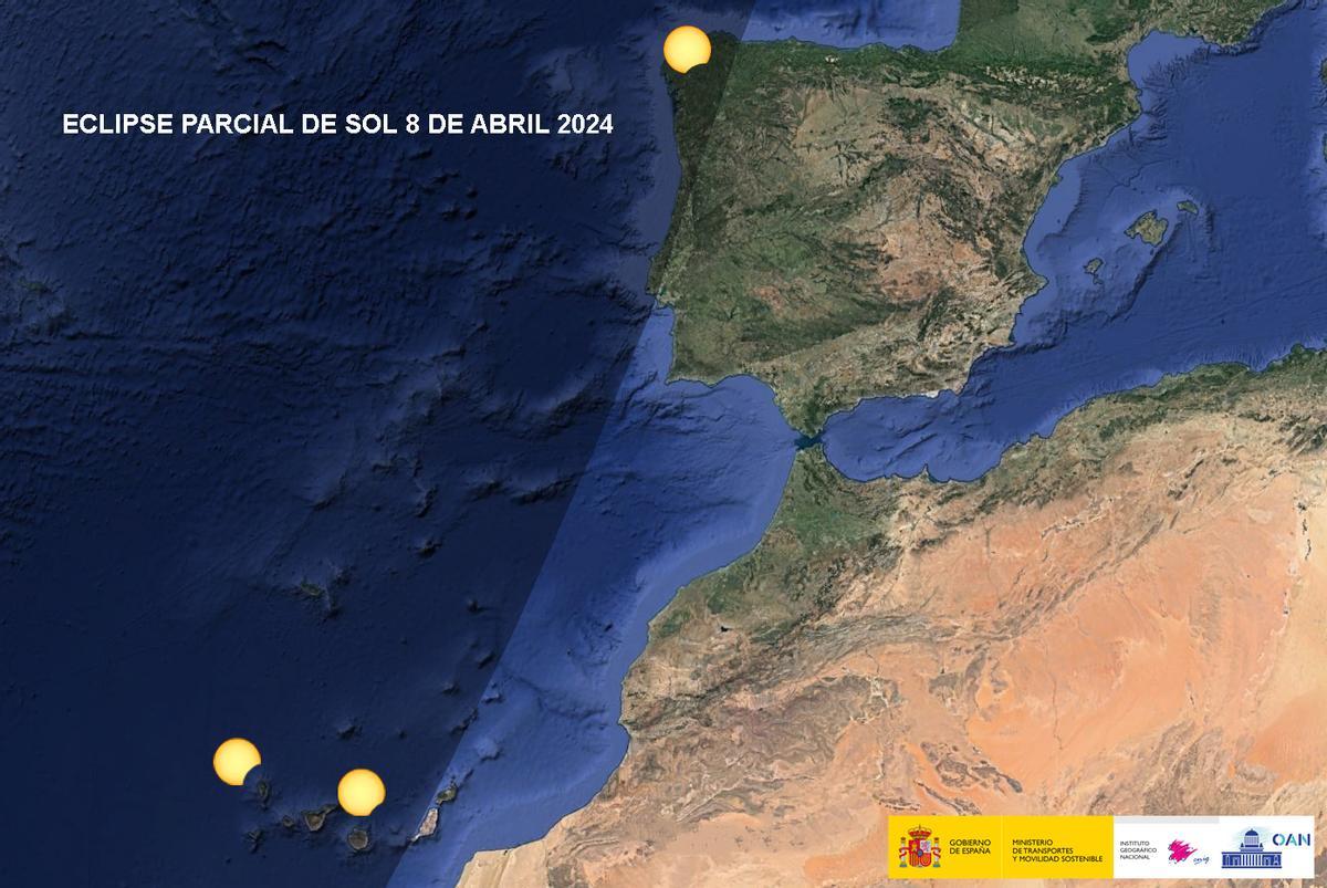 Mapa de las zonas de España desde las que se podrá observar parcialmente el eclipse solar del 8 de abril de 2024
