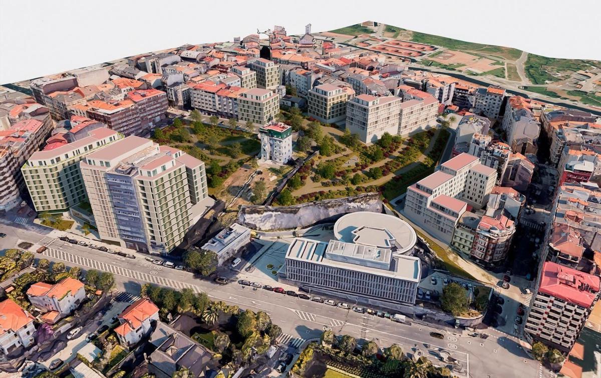 Recreación virtual del parque del Agra y de los nuevos edificios propuestos.