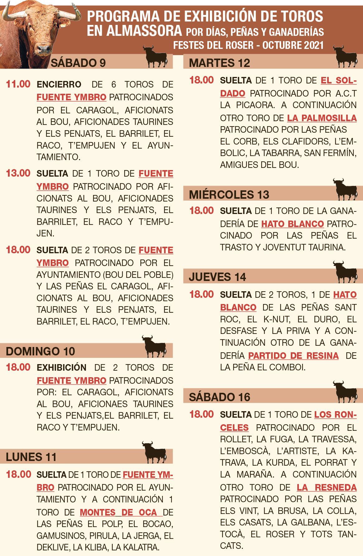 Programa taurino de las fiestas del Roser de Almassora