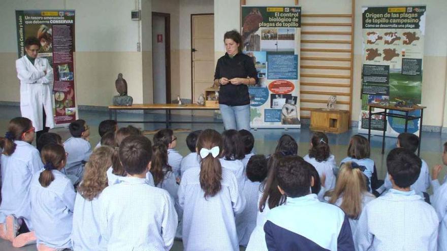 Lorena Hernández, en el centro y de pie, explica a alumnos del Amor de Dios el proyecto. Foto M. J. C.