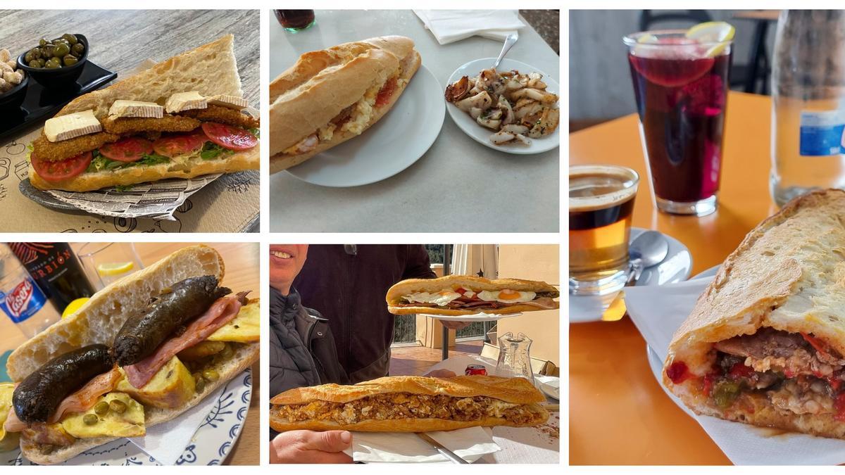 El bocadillo de pechuga con rebozada es, junto a la tortilla de alcachofas de Torreblanca, lo más demandado en El Cantonet; y qué decir de la sepia de Las Planas, toda una institución; en cuanto a los almuerzos del Luisy, si vas seguro que no te quedas con hambre (de izquierda a derecha en la parte superior). En la parte inferior vemos el contundente bocadillo del Mijares y el kilométrico de La Cantina del Ruyo.