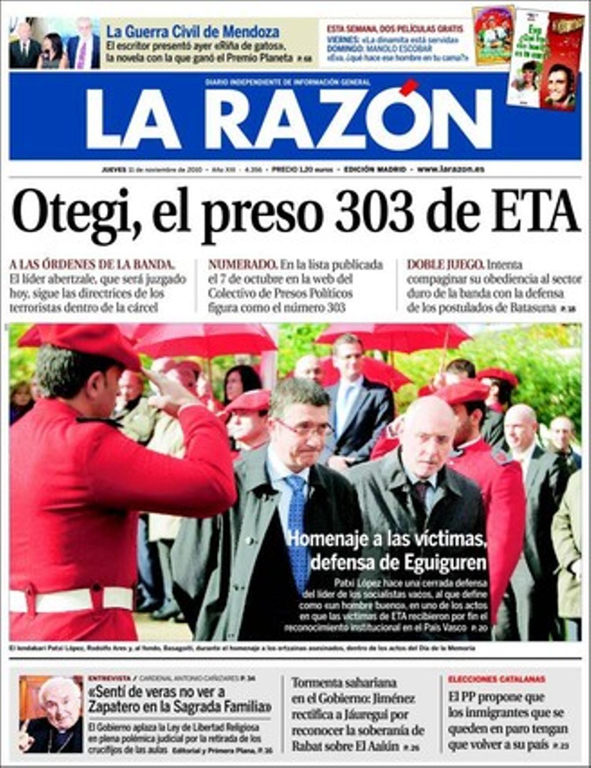 ’La Razón’ també destaca a dins que la despesa per llar per Nadal caurà un 12% i serà de 655 euros, i que l’informe de Spanair culpa els pilots de l’accident de Barajas; i entrevista el cardenal Antonio Cañizares -El que va dir el Papa sobre el laïcisme radical és la pura veritat- i Carmen Martínez Bordiu: El sexe et dóna llibertat, declara la néta de Franco.