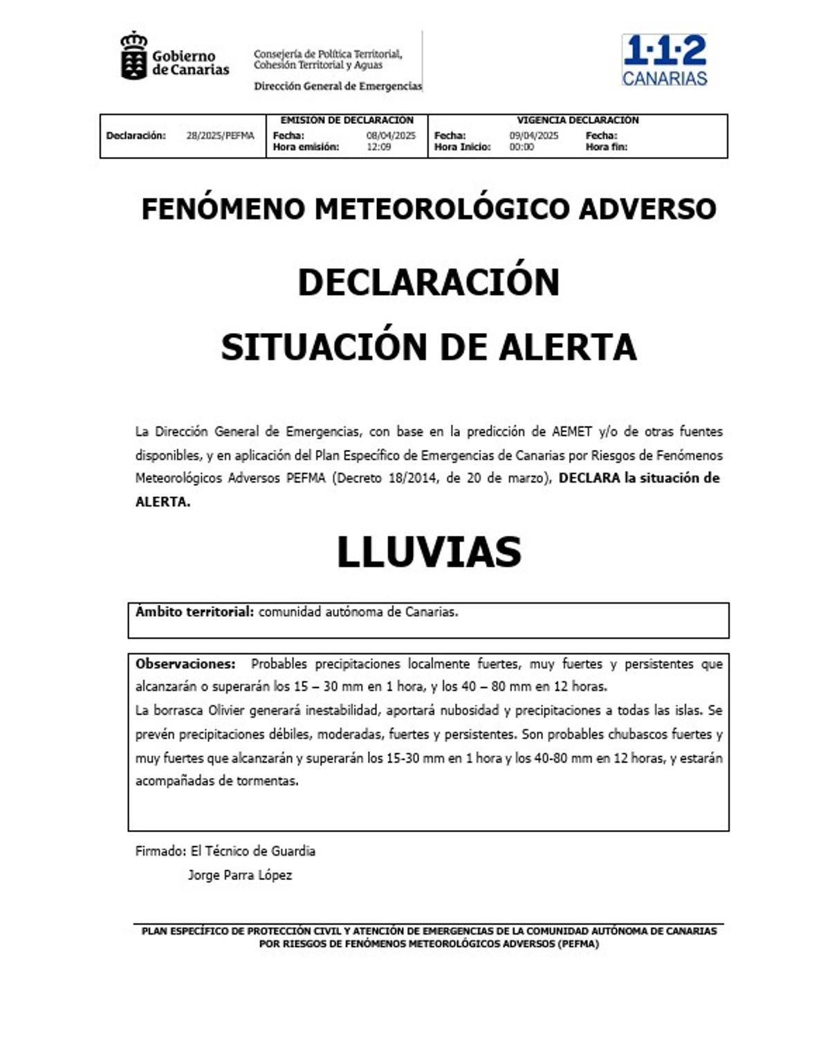 Declaración de alerta por lluvias